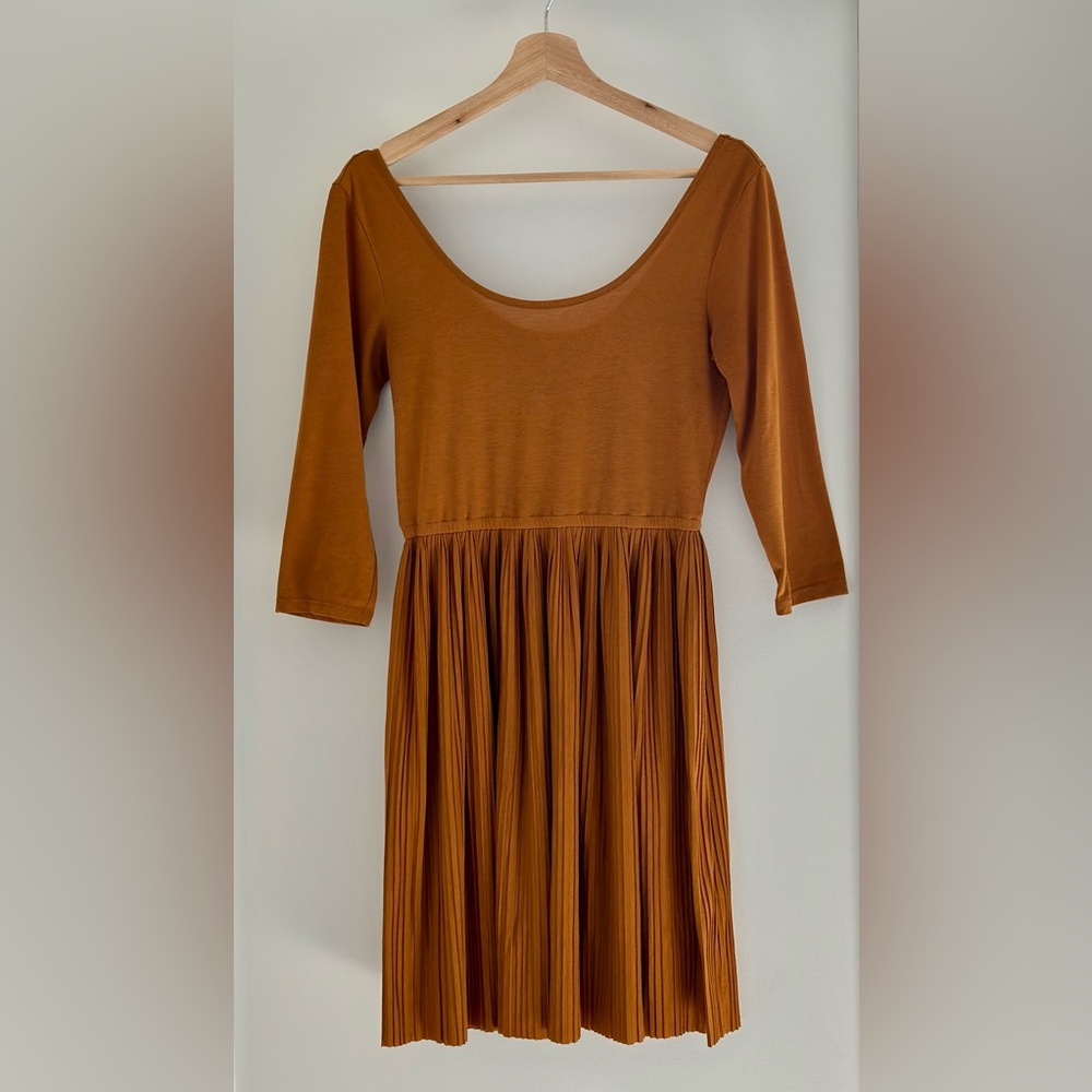 Twik mustard yellow pleated midi skirt scoop neck dress 3/4 sleeves